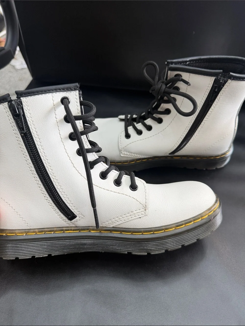 Dr. Martens White Leather Lace-Up Boots with Black Laces and side zipper